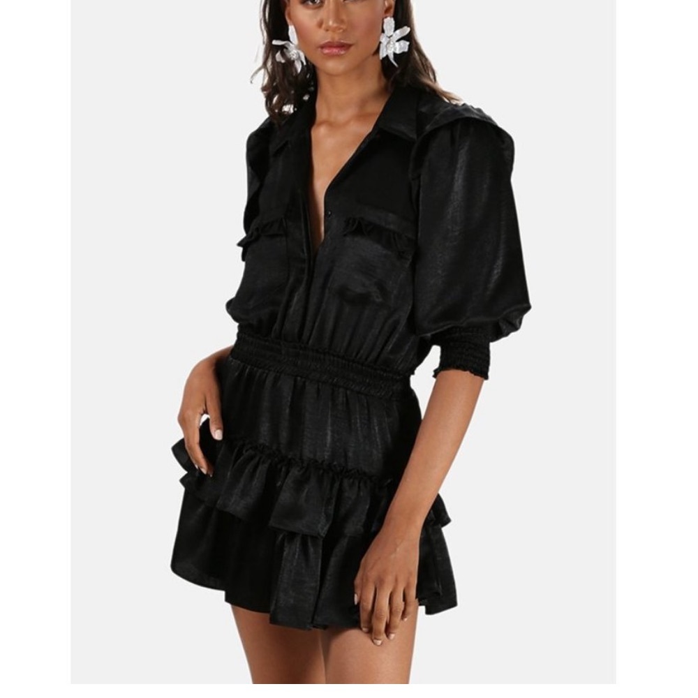 Misa Los Angeles Riona Black Tiered Smocked Ruffle mini dress, size XS